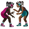 Women Wrestling: Dark Skin Tone, Medium-Dark Skin Tone Emoji 👩🏿‍🫯‍👩🏾 image - Apple style
