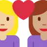 Couple With Heart: Woman, Woman, Medium-Light Skin Tone, Medium Skin Tone Emoji 👩🏼‍❤️‍👩🏽 image - Twitter / X (Twemoji) style