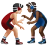 Men Wrestling: Light Skin Tone, Medium-Dark Skin Tone Emoji 👨🏻‍🫯‍👨🏾 image - Apple style