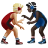Men Wrestling: Medium-Light Skin Tone, Dark Skin Tone Emoji 👨🏼‍🫯‍👨🏿 image - Apple style