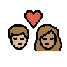 Kiss: Woman, Man, Medium-Light Skin Tone, Medium Skin Tone Emoji 👩🏼‍❤️‍💋‍👨🏽 image - OpenMoji style