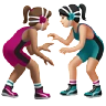 Women Wrestling: Medium Skin Tone, Light Skin Tone Emoji 👩🏽‍🫯‍👩🏻 image - Apple style