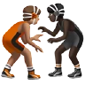People Wrestling: Medium Skin Tone, Dark Skin Tone Emoji 🧑🏽‍🫯‍🧑🏿 image - Apple style