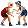 Men Wrestling: Medium-Light Skin Tone, Light Skin Tone Emoji 👨🏼‍🫯‍👨🏻 image - Apple style