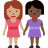 Women Holding Hands: Medium Skin Tone, Dark Skin Tone Emoji 👩🏽‍🤝‍👩🏿 image - Twitter / X (Twemoji) style