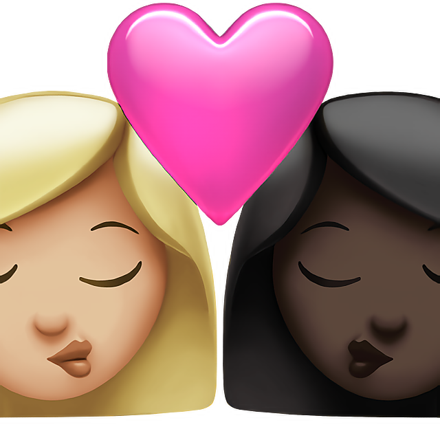 Kiss: Woman, Woman, Medium-Light Skin Tone, Dark Skin Tone