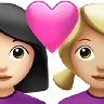 Couple With Heart: Woman, Woman, Light Skin Tone, Medium-Light Skin Tone Emoji 👩🏻‍❤️‍👩🏼 image - Apple style