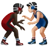 Men Wrestling: Dark Skin Tone, Light Skin Tone Emoji 👨🏿‍🫯‍👨🏻 image - Apple style