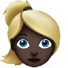 Woman: Dark Skin Tone, Blond Hair Emoji 👱🏿‍♀️ image - Apple style