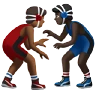 Men Wrestling: Medium-Dark Skin Tone, Dark Skin Tone Emoji 👨🏾‍🫯‍👨🏿 image - Apple style