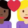Couple With Heart: Woman, Woman, Dark Skin Tone, Medium-Light Skin Tone Emoji 👩🏿‍❤️‍👩🏼 image - Twitter / X (Twemoji) style