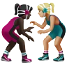 Women Wrestling: Dark Skin Tone, Medium-Light Skin Tone Emoji 👩🏿‍🫯‍👩🏼 image - Apple style
