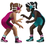 Women Wrestling: Medium Skin Tone, Dark Skin Tone Emoji 👩🏽‍🫯‍👩🏿 image - Apple style