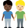 Men Holding Hands: Dark Skin Tone, Medium-Light Skin Tone Emoji 👨🏿‍🤝‍👨🏼 image - Twitter / X (Twemoji) style