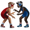 Men Wrestling: Medium Skin Tone, Dark Skin Tone Emoji 👨🏽‍🫯‍👨🏿 image - Apple style