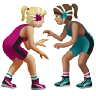 Women Wrestling: Medium-Light Skin Tone, Medium Skin Tone Emoji 👩🏼‍🫯‍👩🏽 image - Apple style