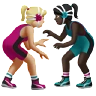 Women Wrestling: Medium-Light Skin Tone, Dark Skin Tone Emoji 👩🏼‍🫯‍👩🏿 image - Apple style