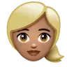 Woman: Medium Skin Tone, Blond Hair Emoji 👱🏽‍♀️ image - WhatsApp style