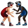 Men Wrestling: Light Skin Tone, Dark Skin Tone Emoji 👨🏻‍🫯‍👨🏿 image - Apple style