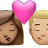 Kiss: Woman, Man, Medium Skin Tone, Medium-Light Skin Tone Emoji 👩🏽‍❤️‍💋‍👨🏼 image - Apple style