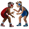 Men Wrestling: Medium-Dark Skin Tone, Medium Skin Tone Emoji 👨🏾‍🫯‍👨🏽 image - Apple style